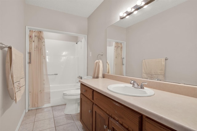 full bathroom with shower / bathtub combination with curtain, vanity, a textured ceiling, tile patterned floors, and toilet