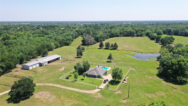 aerial view featuring a water view and a rural view