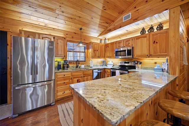 kitchen featuring light stone countertops, sink, dark wood-type flooring, stainless steel appliances, and kitchen peninsula