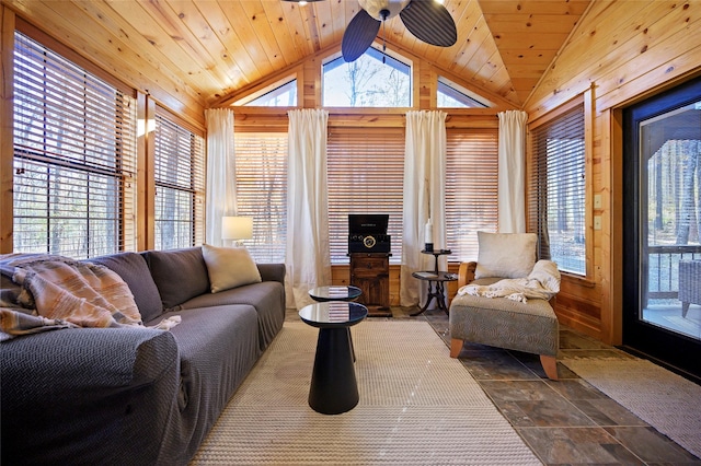 living room with wooden ceiling, wooden walls, and vaulted ceiling