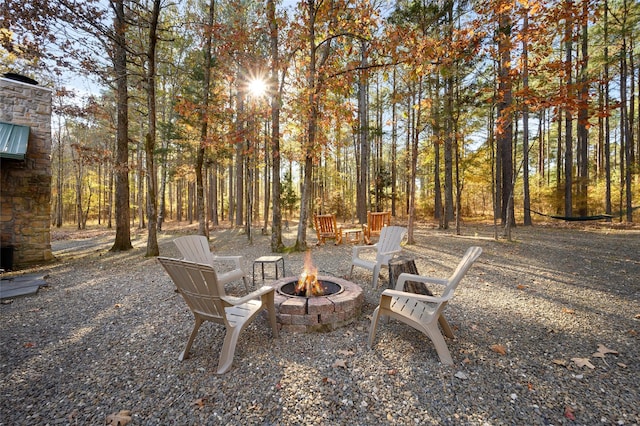 view of patio / terrace with a fire pit