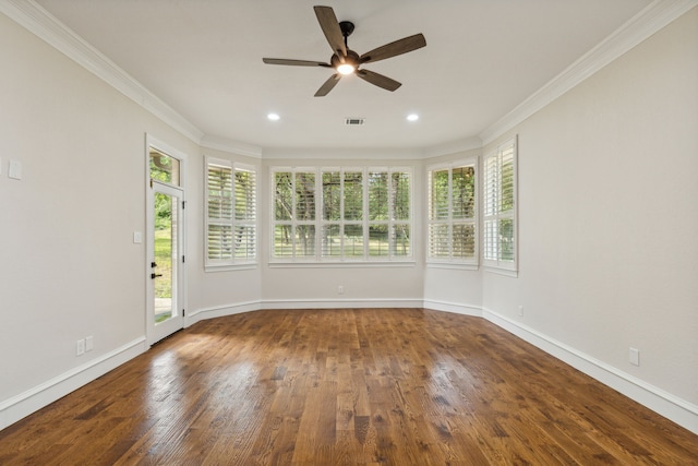 unfurnished sunroom with ceiling fan and a wealth of natural light