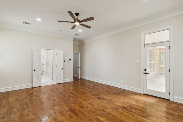 unfurnished bedroom featuring access to outside, ceiling fan, wood-type flooring, and ornamental molding