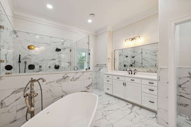 bathroom with shower with separate bathtub, vanity, tile walls, and ornamental molding