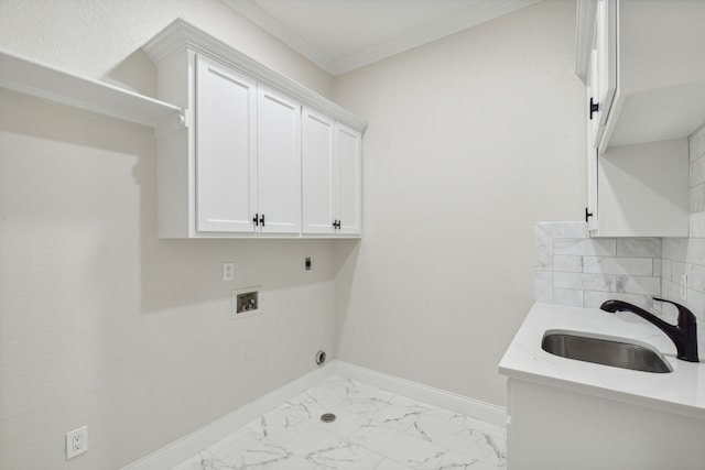 clothes washing area with sink, cabinets, electric dryer hookup, crown molding, and hookup for a washing machine