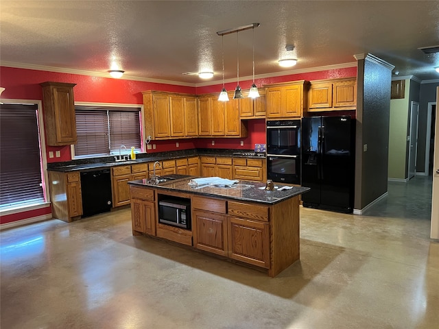 kitchen featuring a center island, black appliances, hanging light fixtures, and crown molding