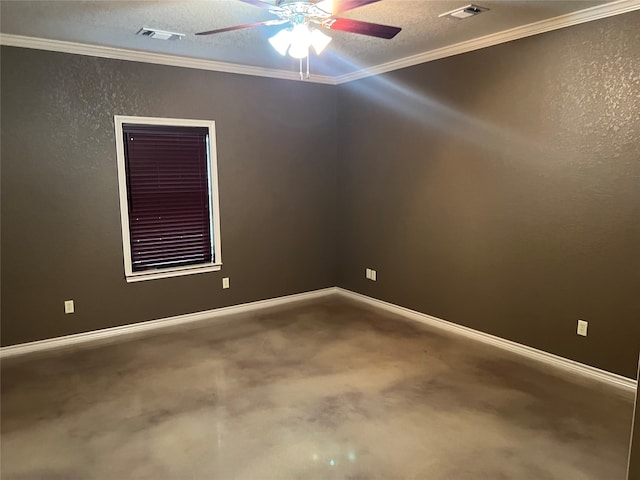 empty room with ceiling fan, crown molding, a textured ceiling, and carpet floors