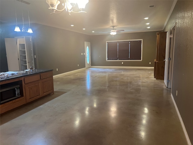 interior space featuring hanging light fixtures, a textured ceiling, ceiling fan with notable chandelier, crown molding, and concrete flooring