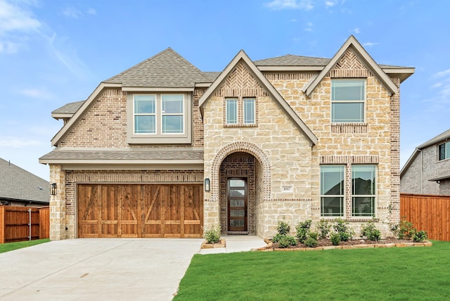 view of front of property featuring concrete driveway, a shingled roof, a front lawn, and fence