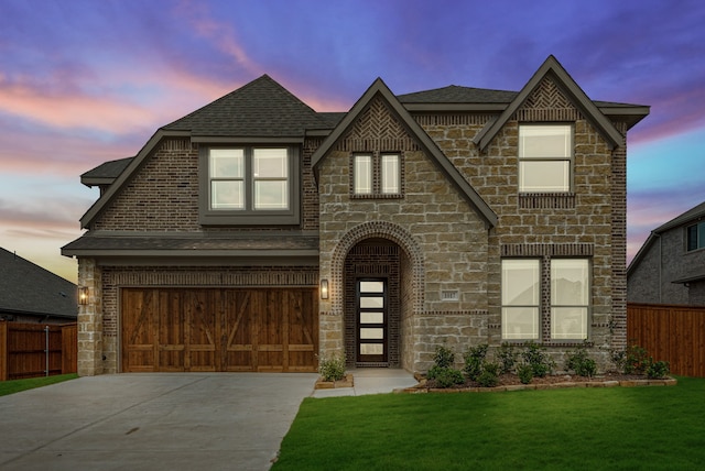 view of front of home with a lawn and a garage