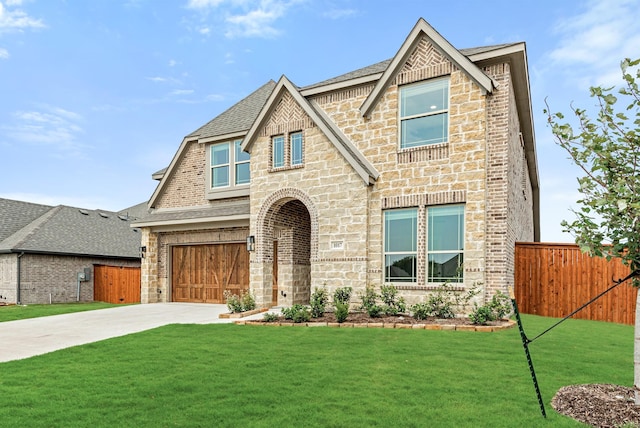 view of front of property with stone siding, concrete driveway, fence, and a front lawn