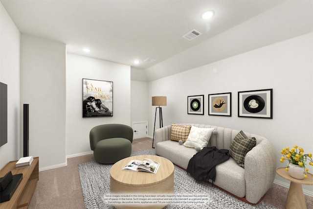 carpeted living room featuring vaulted ceiling