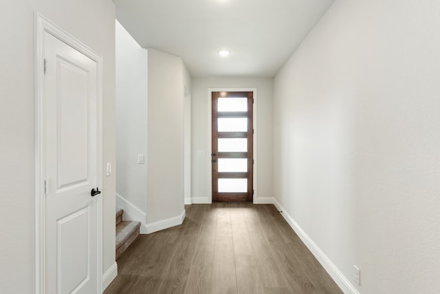 doorway with dark hardwood / wood-style floors