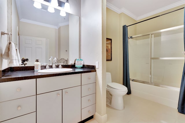 full bathroom with crown molding, bath / shower combo with glass door, tile floors, toilet, and vanity