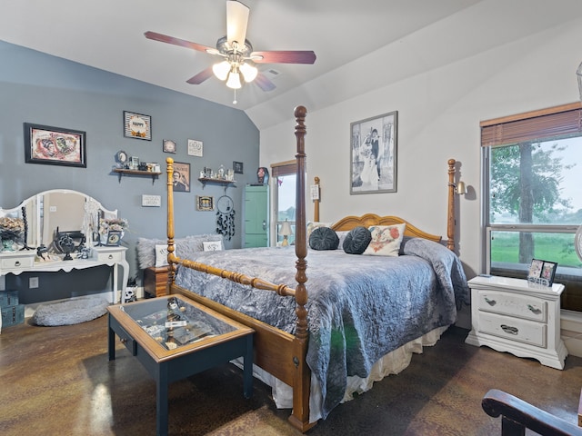 bedroom featuring ceiling fan and lofted ceiling