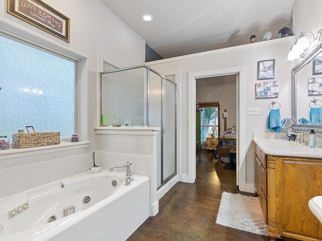 bathroom featuring concrete flooring, vanity, and independent shower and bath