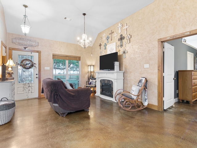 living room featuring high vaulted ceiling and an inviting chandelier