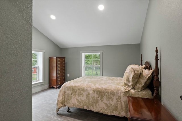 bedroom with multiple windows, hardwood / wood-style floors, and lofted ceiling