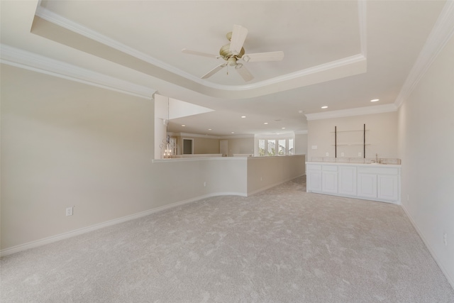 bathroom with plus walk in shower, vanity, ornamental molding, and tile patterned floors