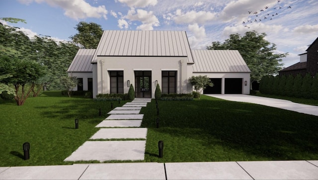 modern farmhouse with metal roof, a garage, concrete driveway, a front lawn, and a standing seam roof