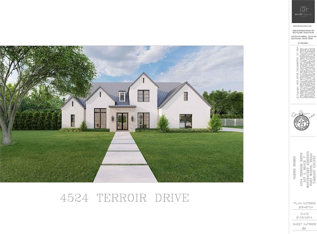 modern inspired farmhouse featuring metal roof, a standing seam roof, and a front yard