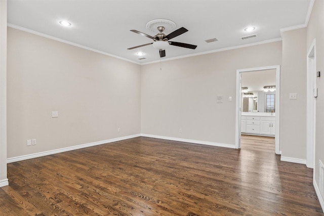 unfurnished room with ornamental molding, dark hardwood / wood-style floors, and ceiling fan