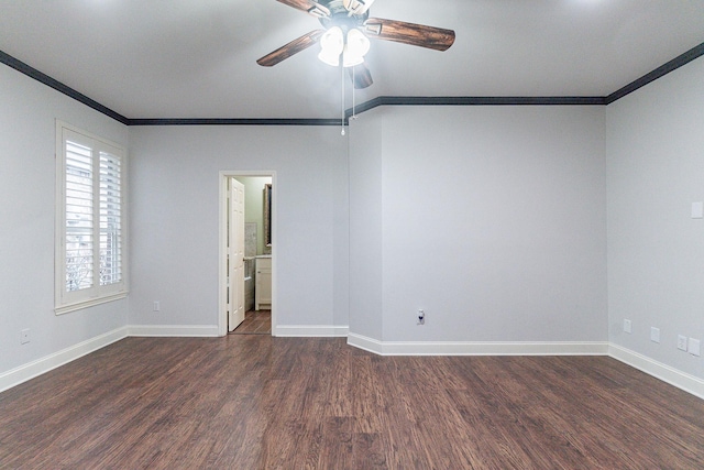 spare room featuring crown molding, ceiling fan, and dark wood-type flooring