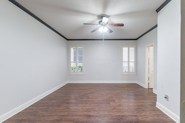 unfurnished room with dark hardwood / wood-style floors, ceiling fan, and ornamental molding