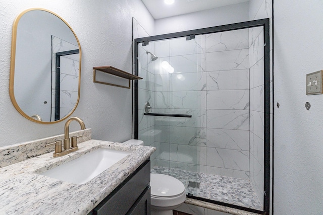 bathroom with vanity, toilet, and a shower with shower door