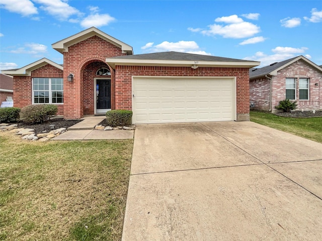 ranch-style home featuring a garage and a front yard