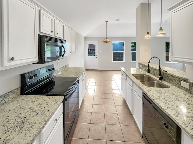 kitchen with sink, black appliances, white cabinetry, and hanging light fixtures