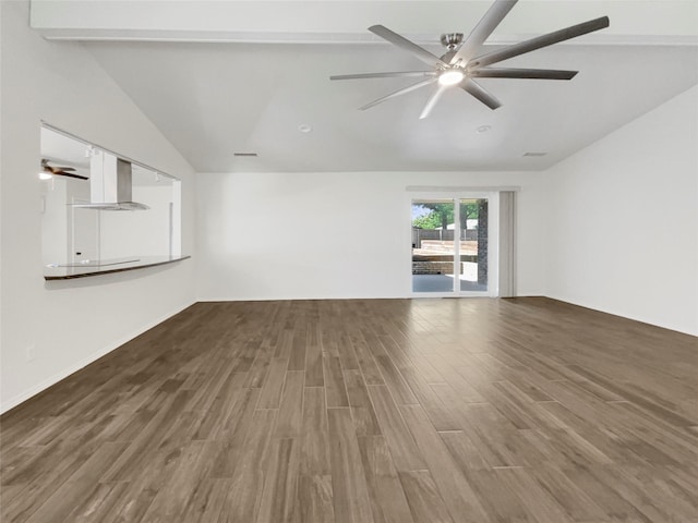 unfurnished living room with dark hardwood / wood-style floors, ceiling fan, and vaulted ceiling