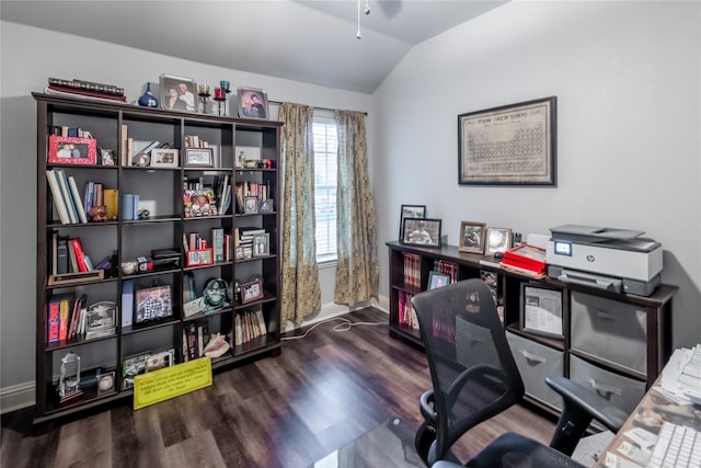 office space with dark hardwood / wood-style floors and lofted ceiling