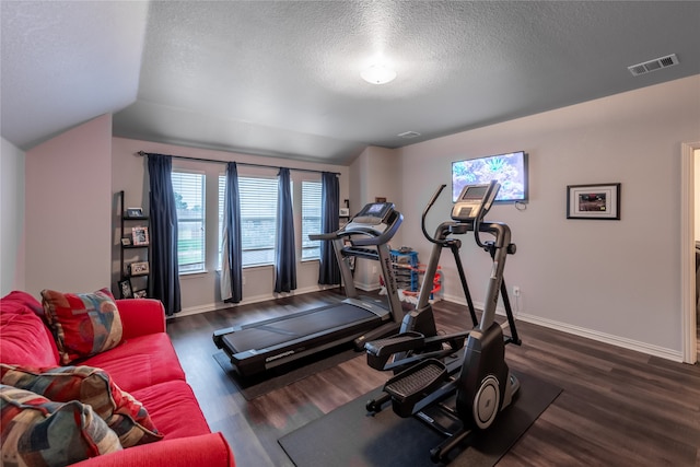 exercise room with a textured ceiling, lofted ceiling, and wood-type flooring