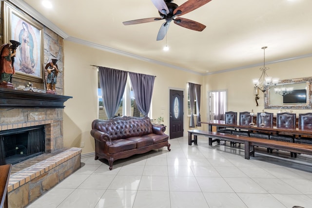 living room with ornamental molding, light tile floors, and ceiling fan with notable chandelier