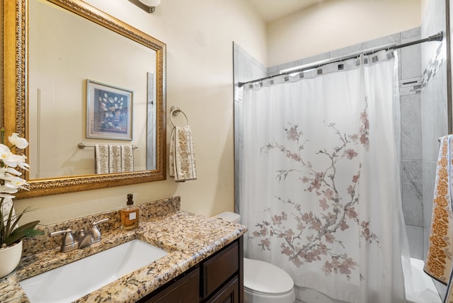 full bathroom featuring shower / bathtub combination with curtain, oversized vanity, and toilet