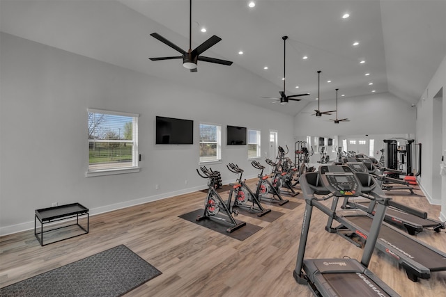 workout area featuring high vaulted ceiling, ceiling fan, and light hardwood / wood-style floors