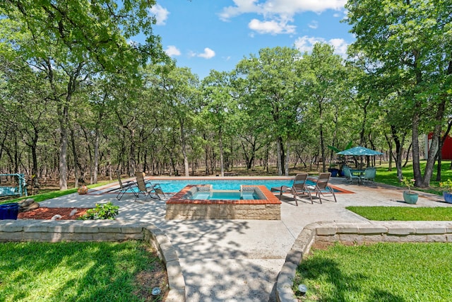 view of pool featuring a patio area and an in ground hot tub