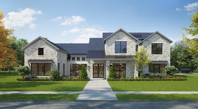 view of front of home featuring a front yard and french doors