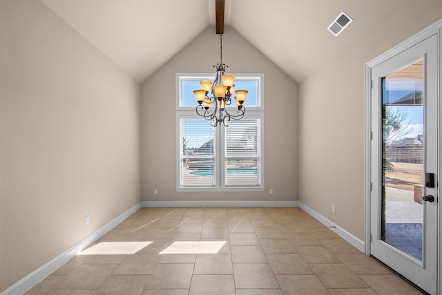 unfurnished dining area featuring baseboards, visible vents, an inviting chandelier, lofted ceiling with beams, and light tile patterned flooring