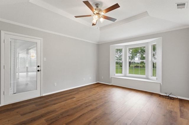 419 State Highway 205th Ext, Rockwall, TX 75032 - spare room with a raised ceiling, ornamental molding, dark wood finished floors, a ceiling fan, and baseboards