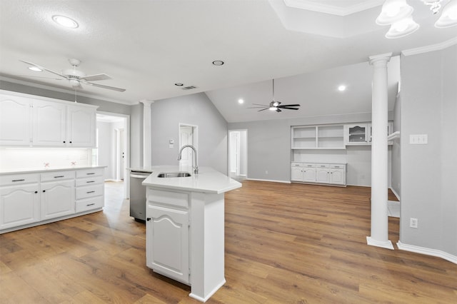 419 State Highway 205th Ext, Rockwall, TX 75032 - kitchen featuring a ceiling fan, a sink, stainless steel dishwasher, decorative columns, and recessed lighting