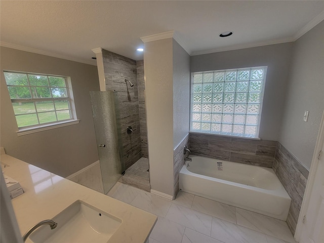 full bath with walk in shower, a garden tub, and crown molding