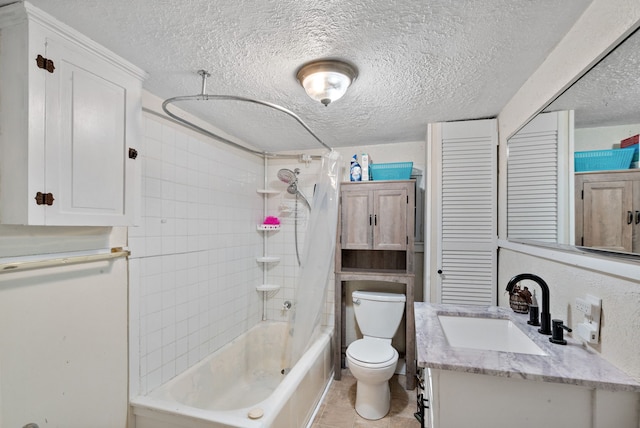 full bathroom with toilet, a textured ceiling, vanity, and shower / tub combo with curtain