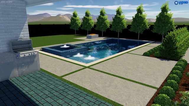 view of swimming pool featuring a lawn, a patio, area for grilling, a mountain view, and exterior kitchen