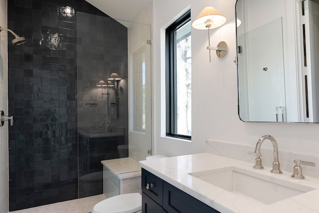 bathroom with a healthy amount of sunlight, a shower with shower door, and vanity