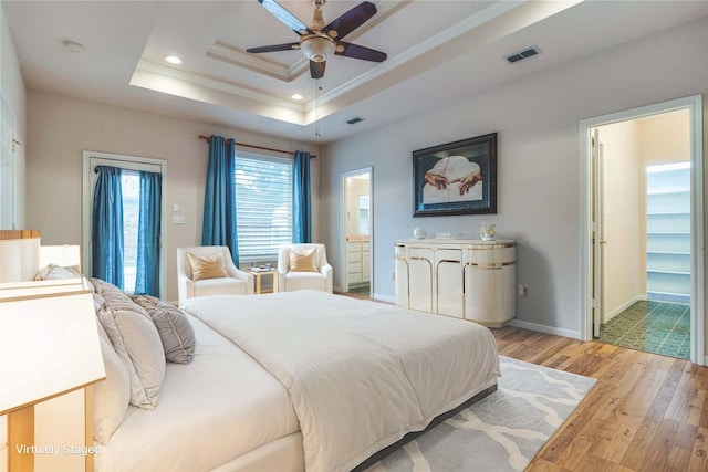 12228 Saddle Club Dr, Forney, TX 75126 - bedroom with visible vents, baseboards, light wood-style floors, ornamental molding, and recessed lighting