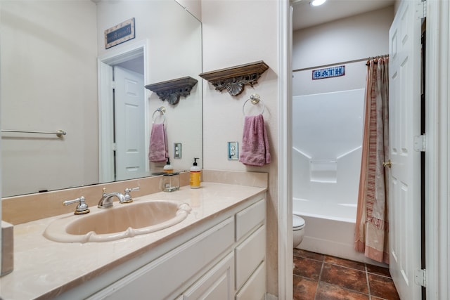 full bathroom with vanity, shower / bath combination with curtain, and toilet