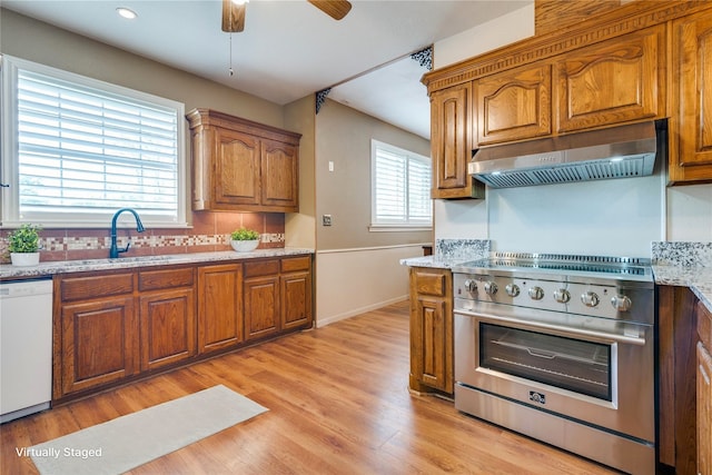 kitchen with plenty of natural light, sink, range hood, stainless steel stove, and white dishwasher