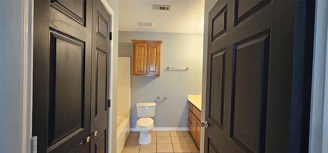 full bath with tile patterned floors, toilet, vanity, baseboards, and visible vents